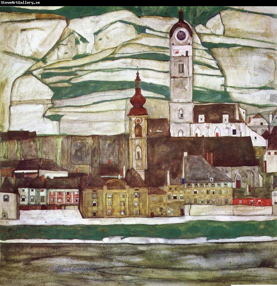 Egon Schiele Stein on the Danube with Terraced Vineyards